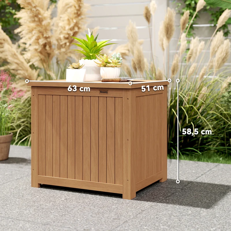 Coffre de rangement jardin table d'appoint 63 x 51 x 58.5 cm 130l doublure amovible porte 80 kg rustique en bois marron 21_0005364