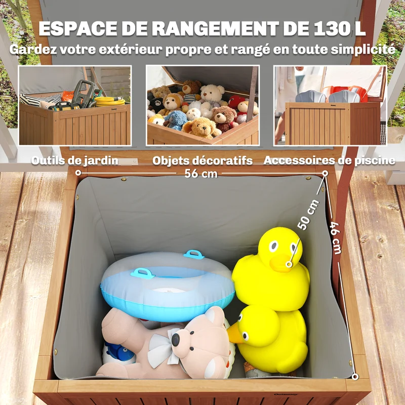 Coffre de rangement jardin table d'appoint 63 x 51 x 58.5 cm 130l doublure amovible porte 80 kg rustique en bois marron 21_0005364