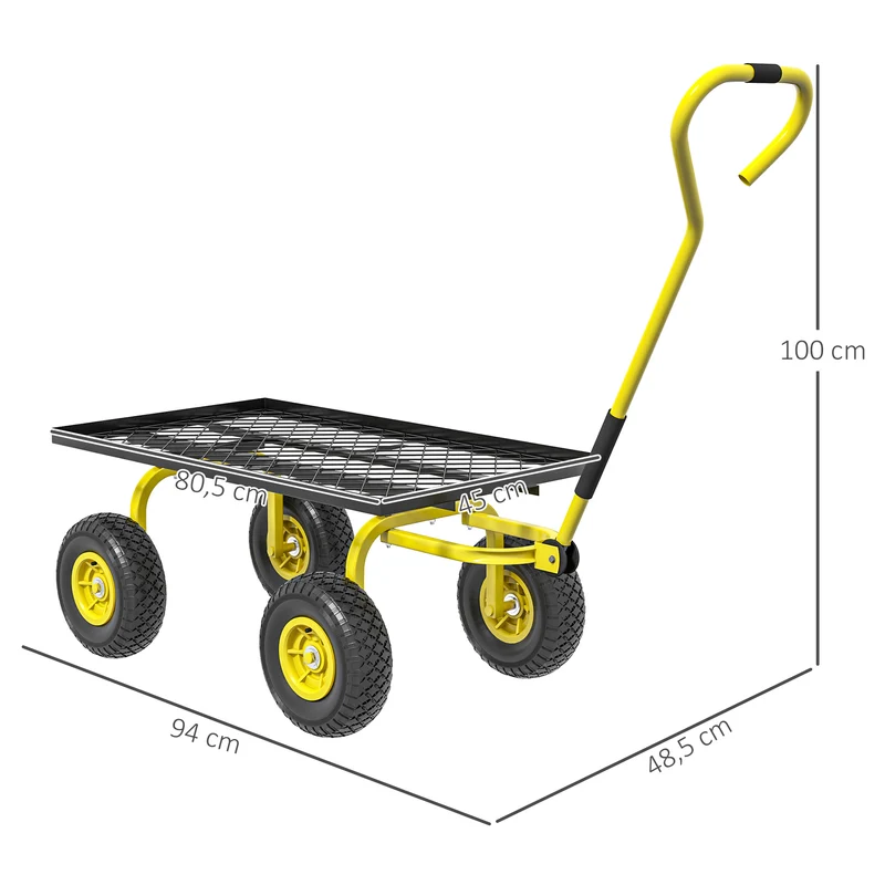 Chariot de transport jardin 94 x 48.5 x 100 cm roues tout terrain charge max 150 kg industriel épuré en acier jaune 21_0007113