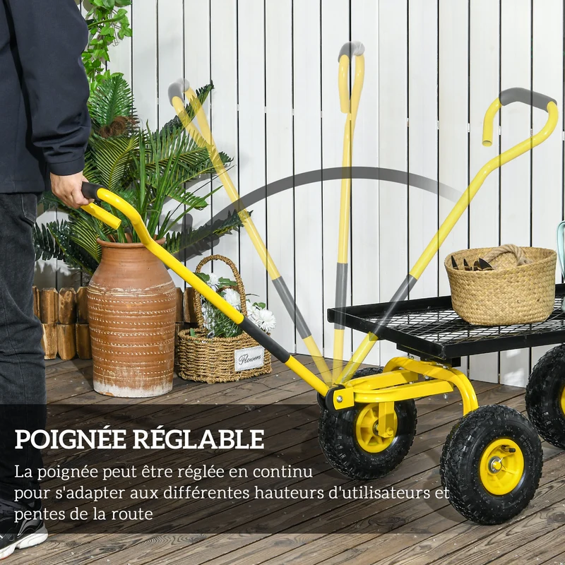 Chariot de transport jardin 94 x 48.5 x 100 cm roues tout terrain charge max 150 kg industriel épuré en acier jaune 21_0007113