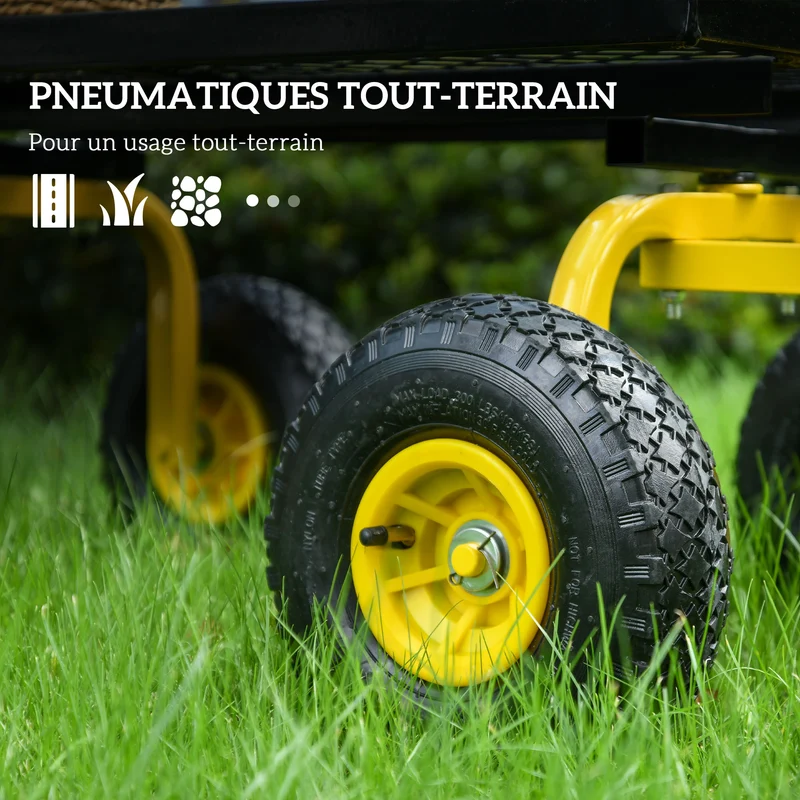 Chariot de transport jardin 94 x 48.5 x 100 cm roues tout terrain charge max 150 kg industriel épuré en acier jaune 21_0007113