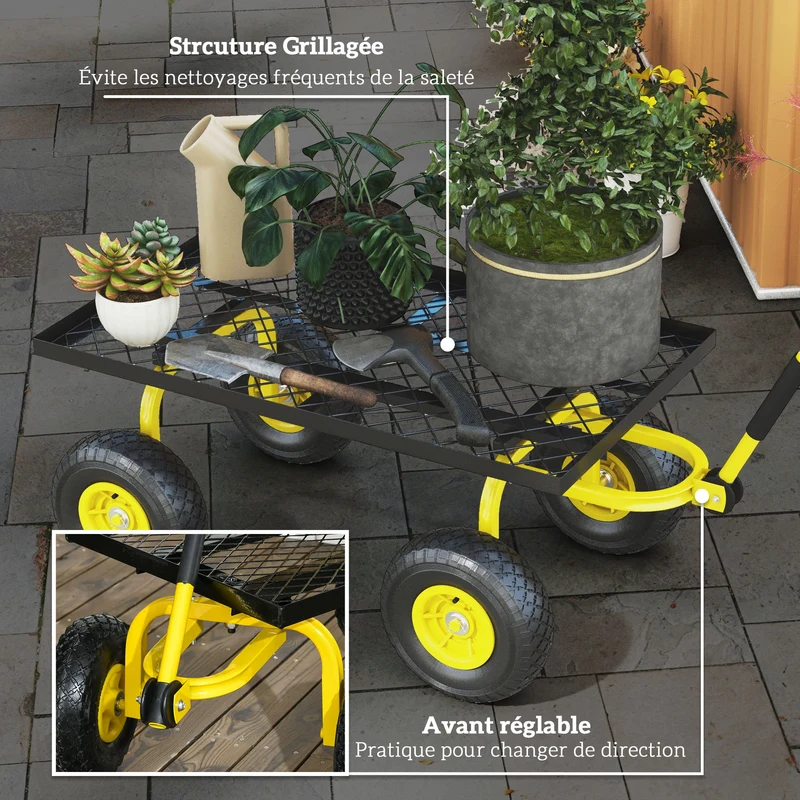 Chariot de transport jardin 94 x 48.5 x 100 cm roues tout terrain charge max 150 kg industriel épuré en acier jaune 21_0007113