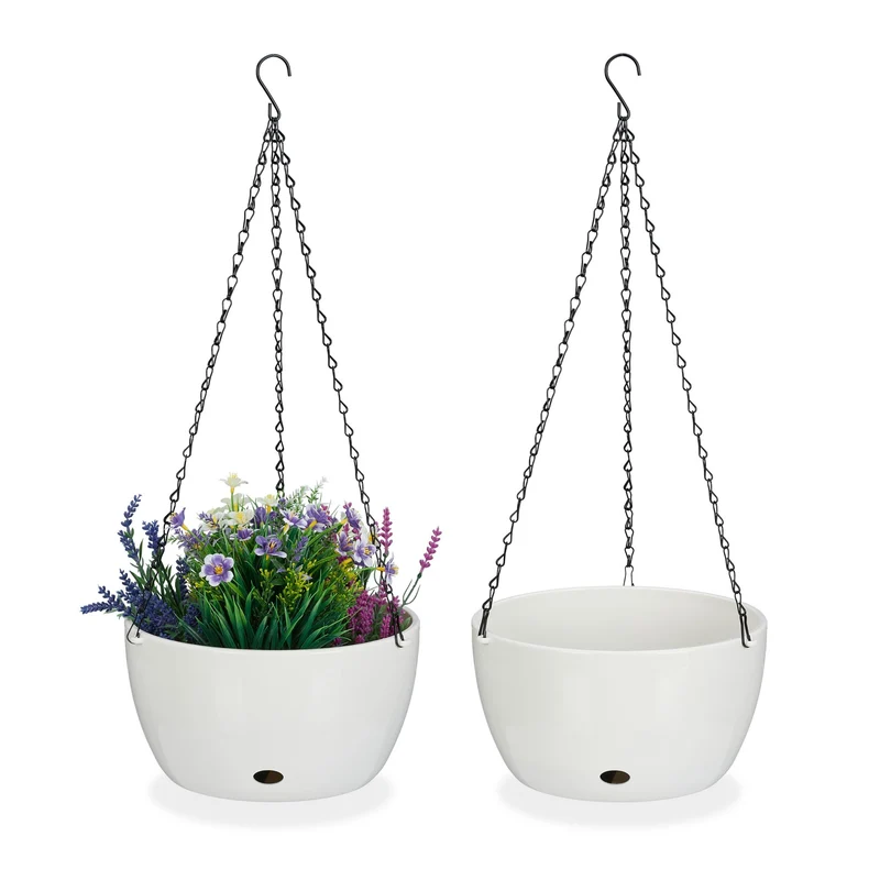 Lot de 2 pots de fleurs suspendus auto-arrosants jardin 30 x 30 x 20 cm en plastique blanc 13_0014786