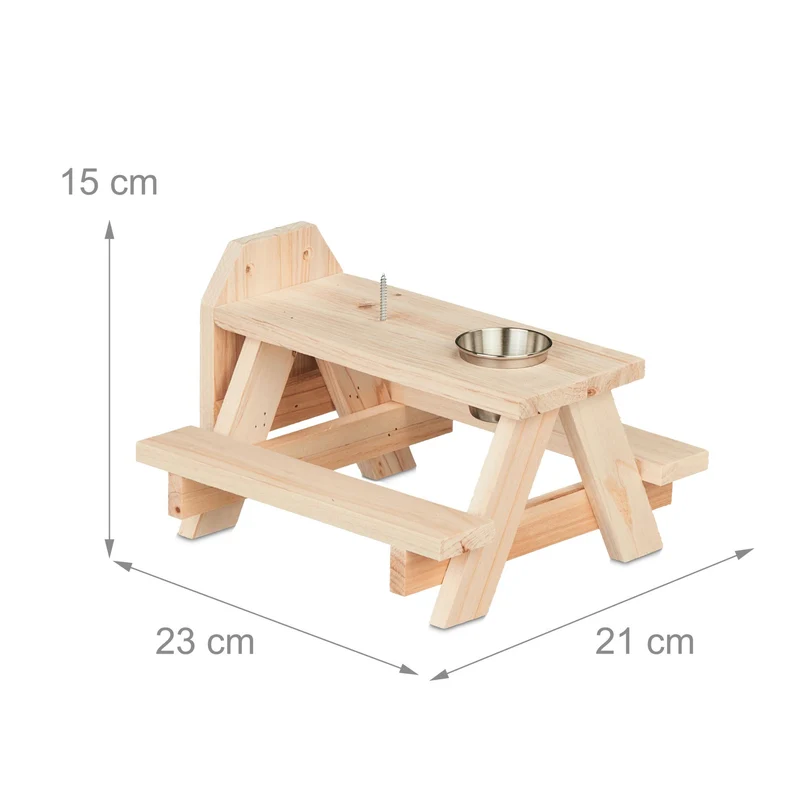 Mangeoire décorative pour écureuils jardin 30 x 20 x 15 cm avec seau à eau et 2 bancs en bois marron 13_0014050