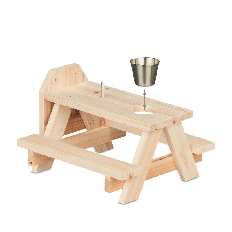 Mangeoire décorative pour écureuils jardin 30 x 20 x 15 cm avec seau à eau et 2 bancs en bois marron 13_0014050
