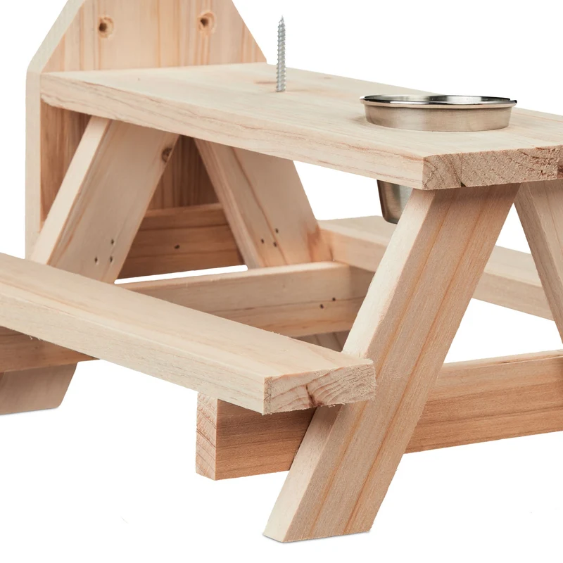 Mangeoire décorative pour écureuils jardin 30 x 20 x 15 cm avec seau à eau et 2 bancs en bois marron 13_0014050