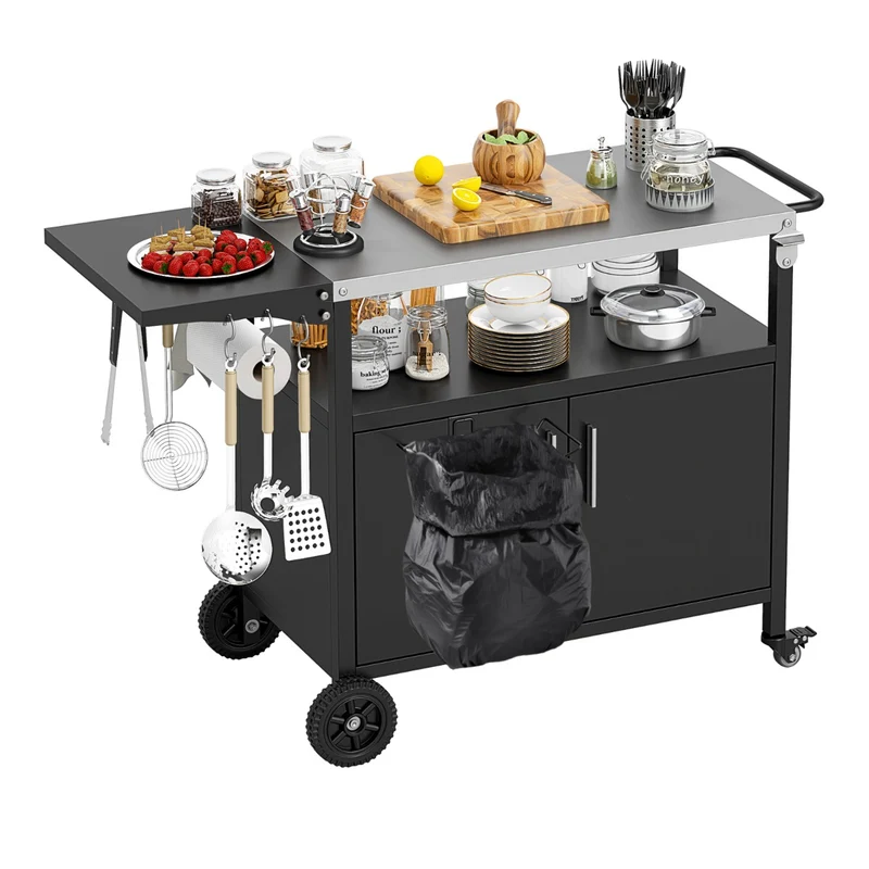 Chariot de barbecue extérieur 127 x 50 x 84 cm avec rangement mobile et plateau pliable en acier inoxydable noir 20_0015297