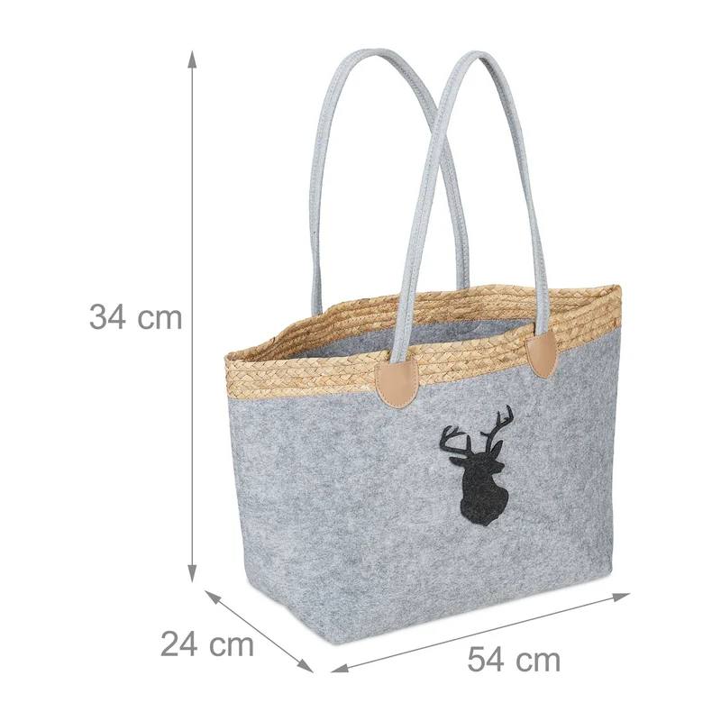 Lot de 1 panier à bûches polyvalent motif cerf 50 x 30 x 30 cm en feutre gris 13_0014146
