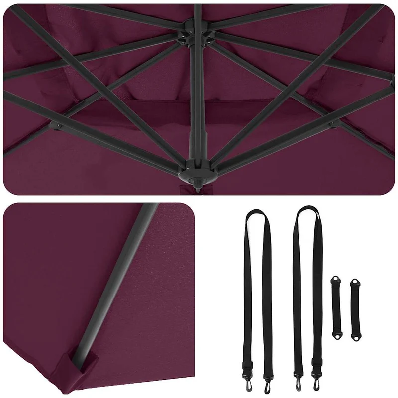 Parasol cantilever rectangulaire 286 x 284 x 265 cm fonction inclinable et rotation 360° style moderne en aluminium rouge 02_0058713