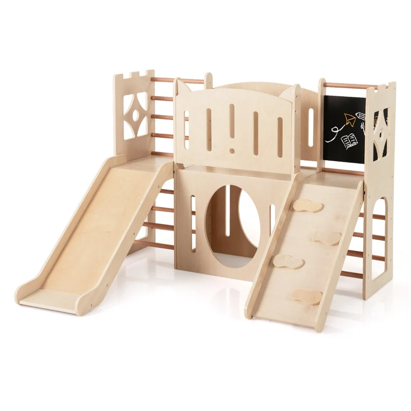 Aire de jeux 8 en 1 intérieur 142 x 124,5 x 100 cm avec toboggan sécurisé et tunnel ludique en bois naturel 20_0020000