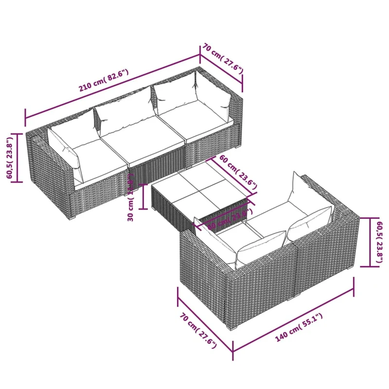 Salon de jardin meuble d'extérieur ensemble de mobilier 6 pièces avec coussins résine tressée marron 02_0016895