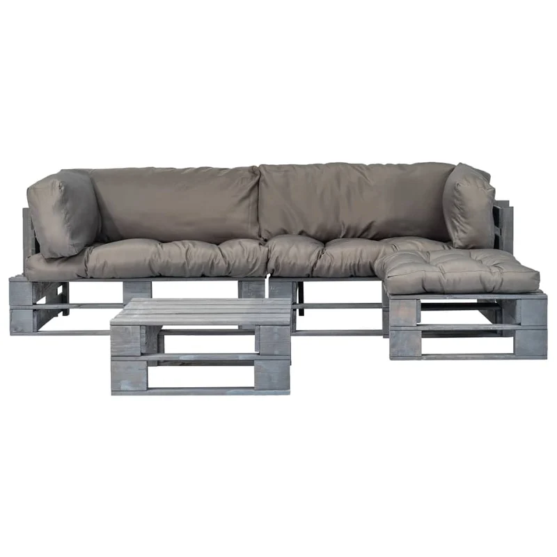 Salon de jardin meuble d'extérieur ensemble de mobilier 4 pièces palettes avec coussins gris bois 02_0016273