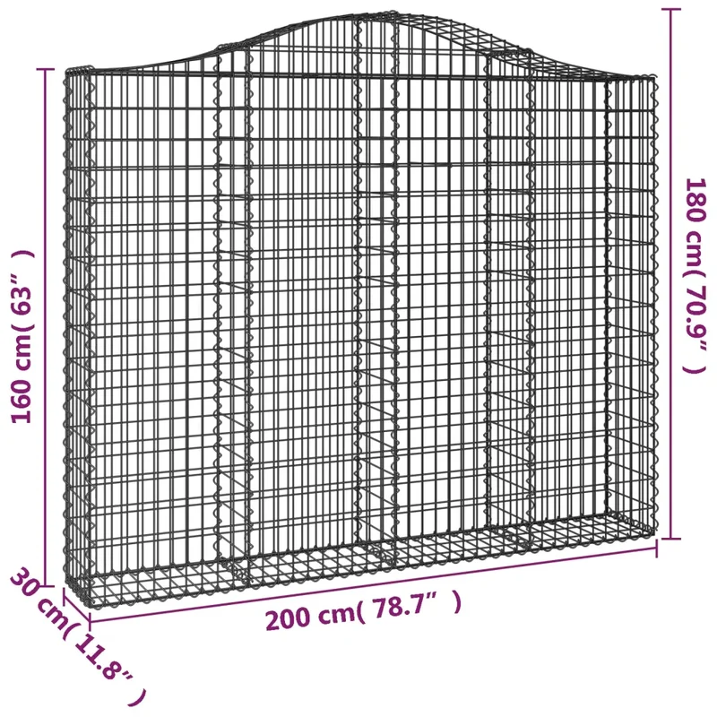 Panier de gabions arqué décoratif insonorisant jardin 200 x 30 x 160 cm en fer galvanisé argenté 02_0046144