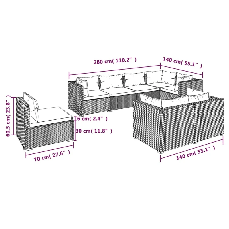 Salon de jardin meuble d'extérieur ensemble de mobilier 8 pièces avec coussins résine tressée marron 02_0017726