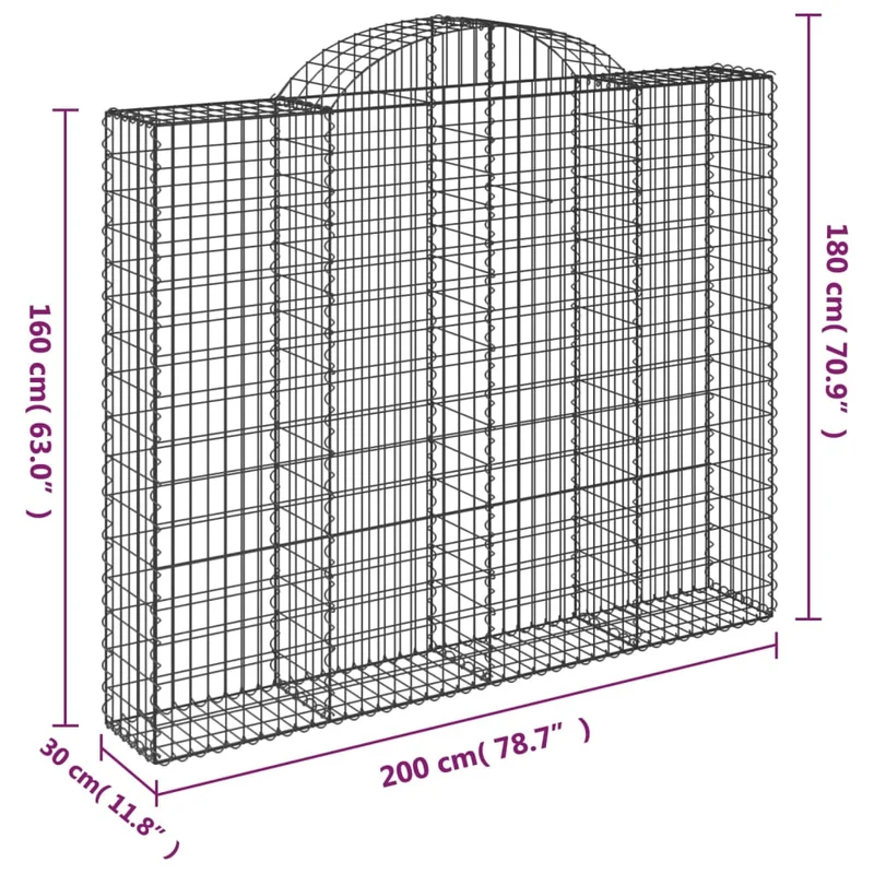 Panier de gabions clôture cage mur de soutènement arqué 200 x 30 x 160/180 cm fer galvanisé Argent 02_0040000