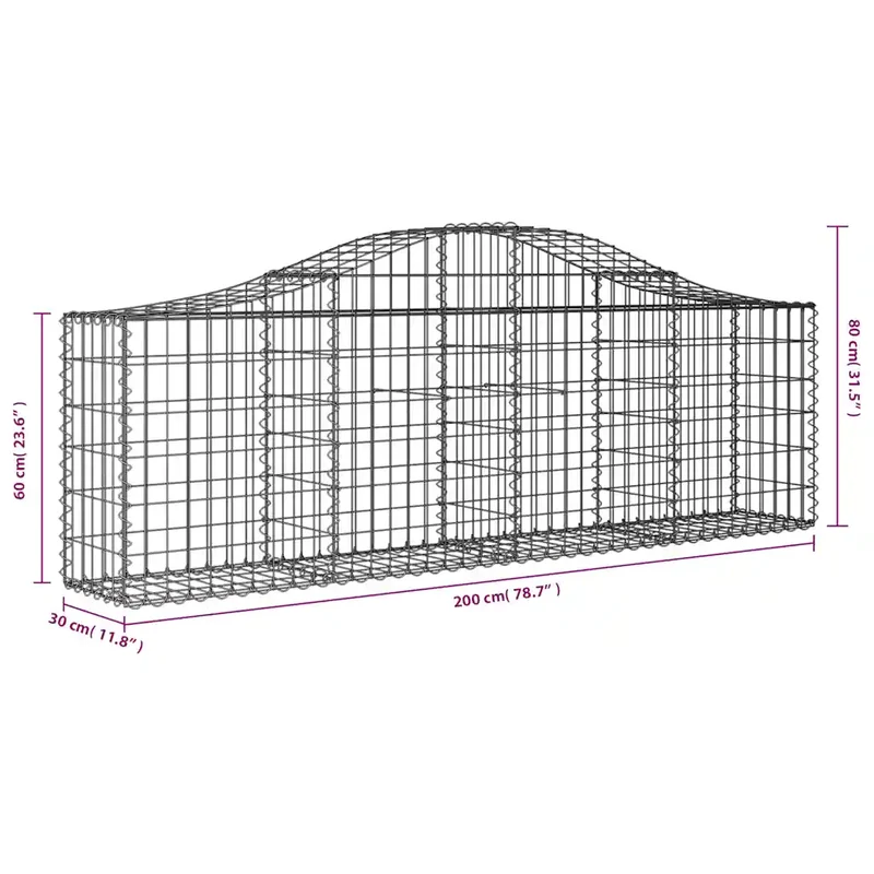 Lot de 10 paniers à gabions arqués 200 x 30 x 60/80 cm pour jardin décoratif en fer galvanisé argenté 02_0055255