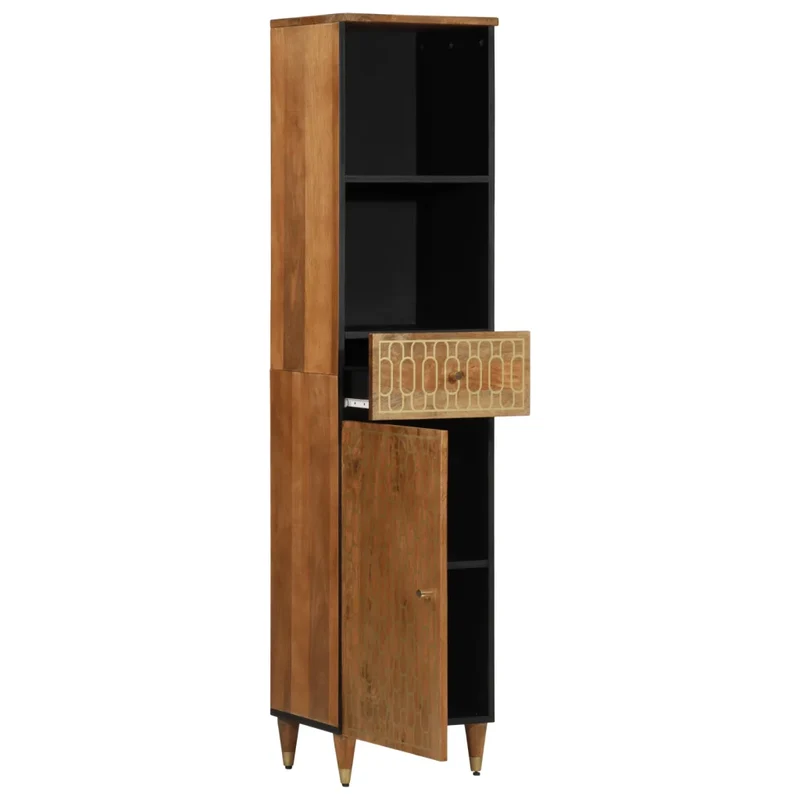 Armoire de salle de bain rétro 38 x 33 x 160 cm grand rangement avec motif sculpté en bois massif marron 02_0047316