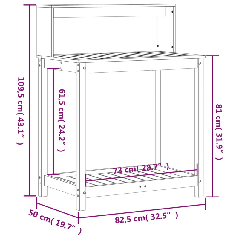 Table de rempotage extérieure avec étagères 82,5 x 50 x 109,5 cm design rustique jardin en bois massif blanc 02_0049244