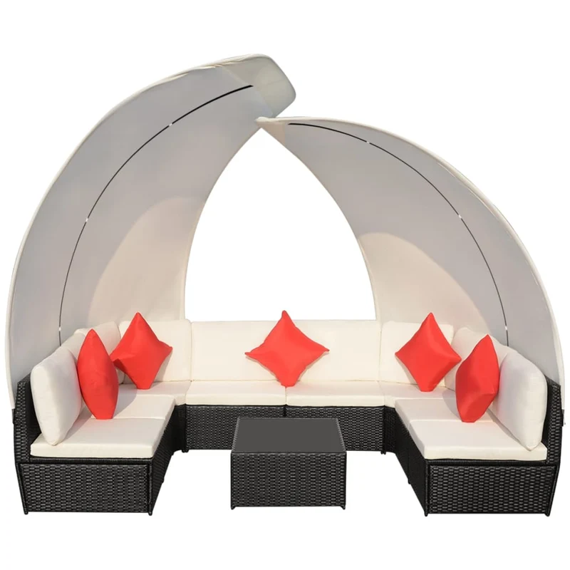 Salon de jardin meuble d'extérieur ensemble de mobilier 9 pièces avec auvents résine tressée noir 02_0017887