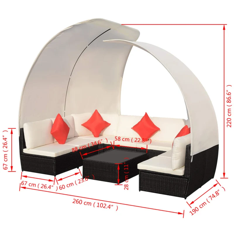 Salon de jardin meuble d'extérieur ensemble de mobilier 9 pièces avec auvents résine tressée noir 02_0017887