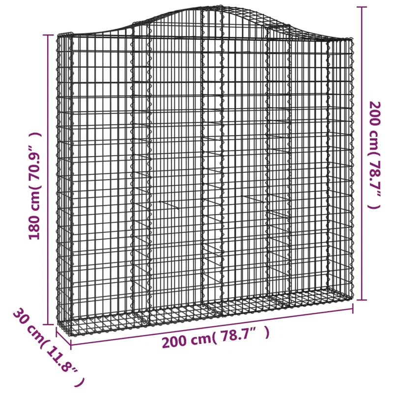 Lot de 13 paniers à gabions arqués décoration insonorisante jardin 200 x 30 x 180/200 cm en fer galvanisé argenté 02_0055277