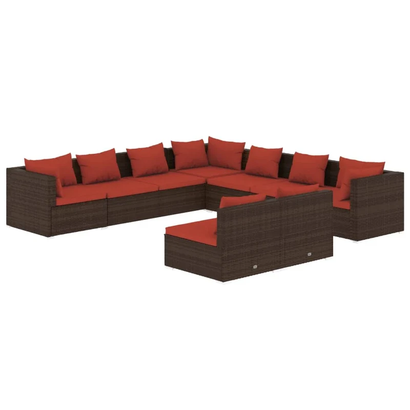 Salon de jardin meuble d'extérieur ensemble de mobilier 9 pièces avec coussins marron résine tressée 02_0018049
