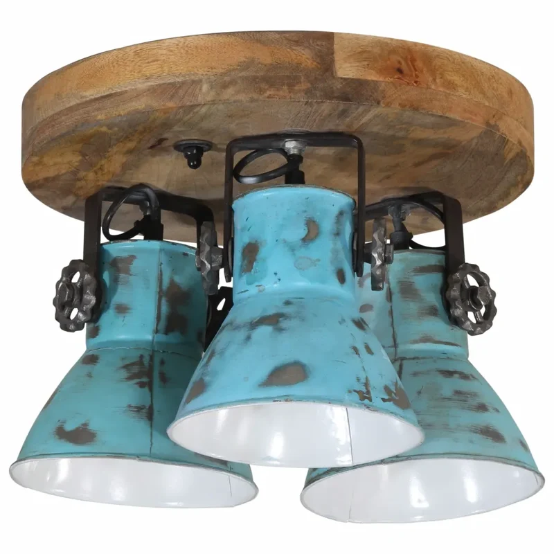 Plafonnier design industriel à 3 abat-jour 35 x 35 x 25 cm ambiance cosy en fer bleu délavé 02_0047486