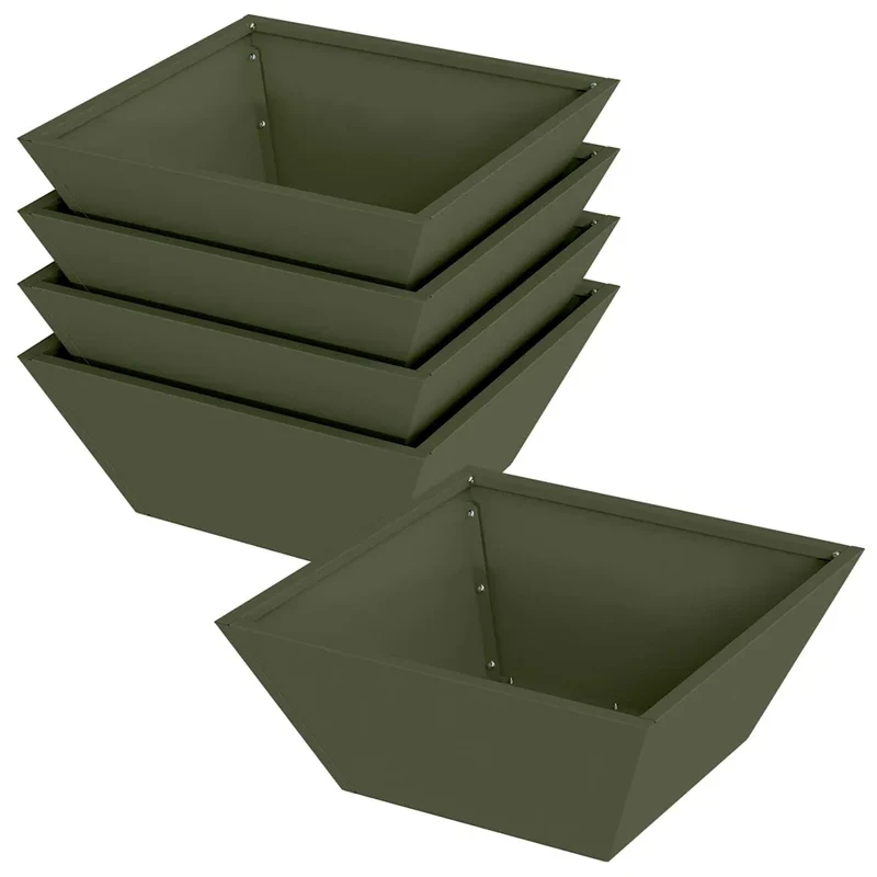 Lot de 5 cache-pots trapézoïdaux modernes jardin extérieur 40 x 40 x 15 cm en acier vert olive 02_0052375