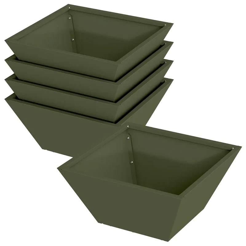Lot de 5 cache-pots de jardin trapézoïdale moderne 35 x 35 x 15 cm en acier vert olive 02_0052361