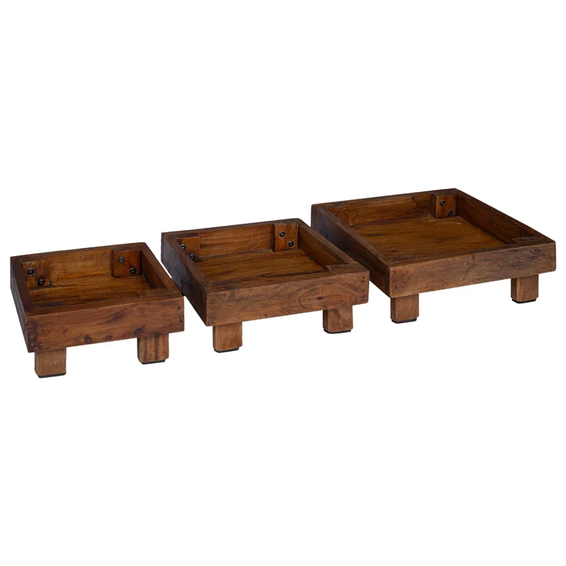 Lot de 3 supports de plantes rustiques jardin extérieur 35 x 35 x 12 cm finition texturée en bois acajou 02_0058963