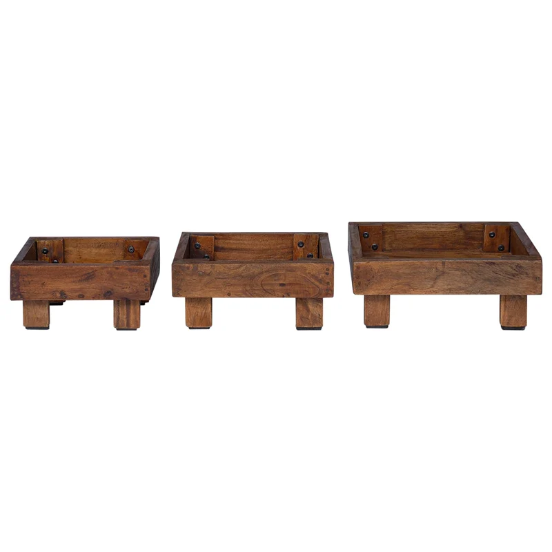 Lot de 3 supports de plantes rustiques jardin extérieur 35 x 35 x 12 cm finition texturée en bois acajou 02_0058963
