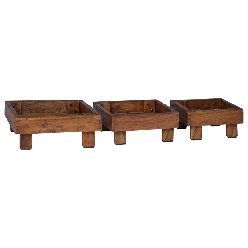 Lot de 3 supports de plantes rustiques jardin extérieur 35 x 35 x 12 cm finition texturée en bois acajou 02_0058963