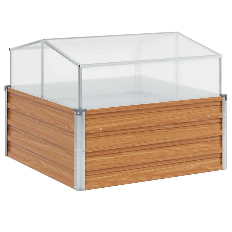 Jardinière avec serre style industriel extérieur 100 x 100 x 77 cm toit ouvrable et résistant aux intempéries en acier galvanisé marron clair 02_0059059