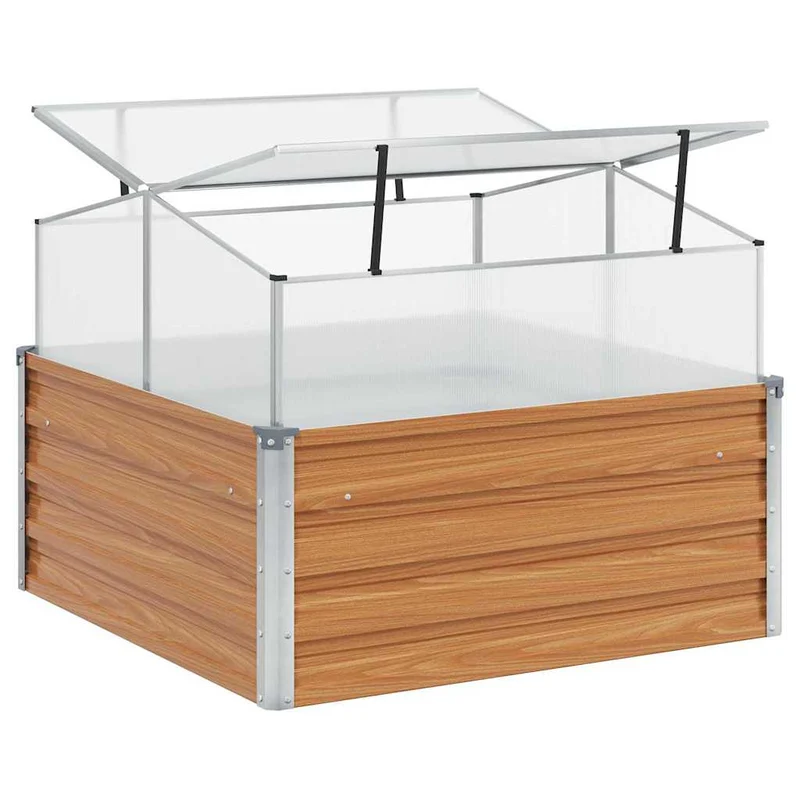 Jardinière avec serre style industriel extérieur 100 x 100 x 77 cm toit ouvrable et résistant aux intempéries en acier galvanisé marron clair 02_0059059