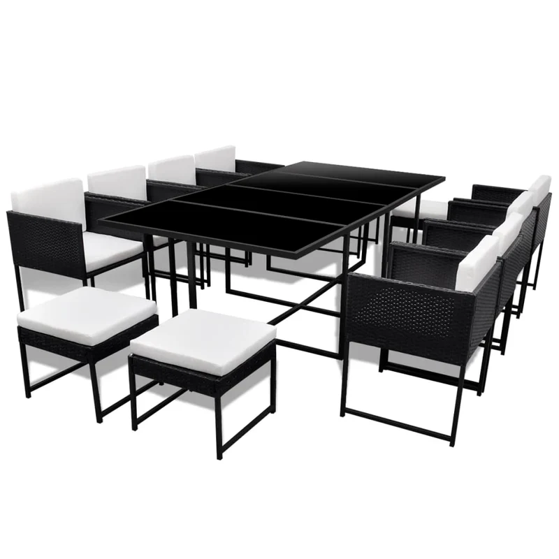 Salon de jardin meuble d'extérieur ensemble de mobilier 13 pièces avec coussins résine tressée noir 02_0015790
