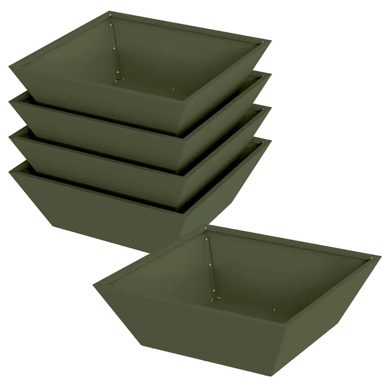 Lot de 5 cache-pots trapézoïdaux modernes jardin terrasse 50 x 50 x 15 cm en acier vert olive 02_0052389