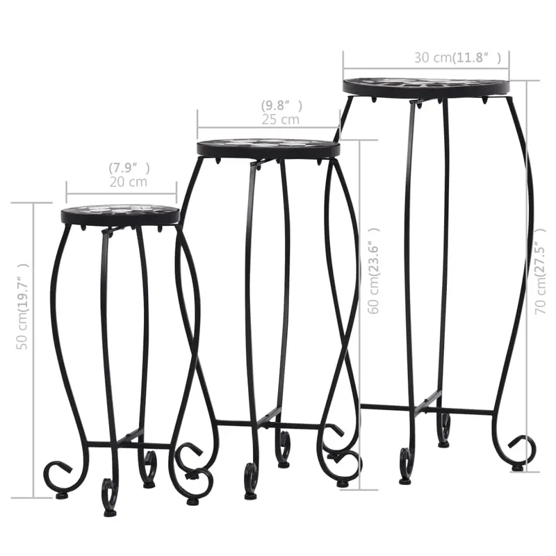 Lot de 3 tables mosaïque carrées moderne extérieur jardin 30 x 70 cm 25 x 60 cm 20 x 50 cm en céramique noir 02_0045922