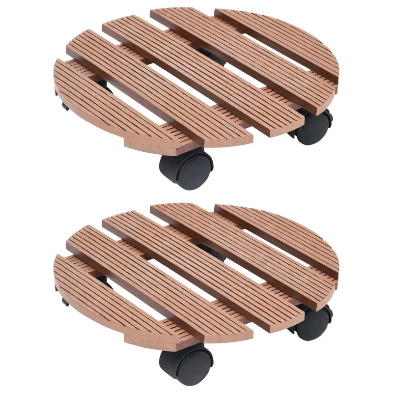 Lot de 2 chariots à plantes pratique extérieur Ø30 x 7,5 cm avec roulettes rotation 360° en WPC marron 02_0046082