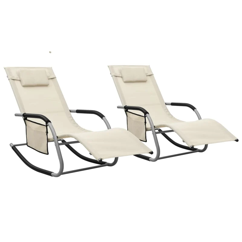 Lot de 2 transats chaise longue bain de soleil lit de jardin terrasse meuble d'extérieur textilène crème et gris 02_0012148