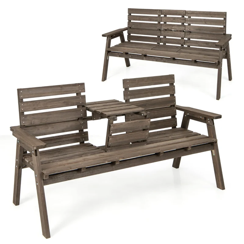 Banc d'extérieur avec table centrale pliable 160 x 64 x 86 cm confort pour 3 personnes style rustique en bois de sapin café 20_0019459