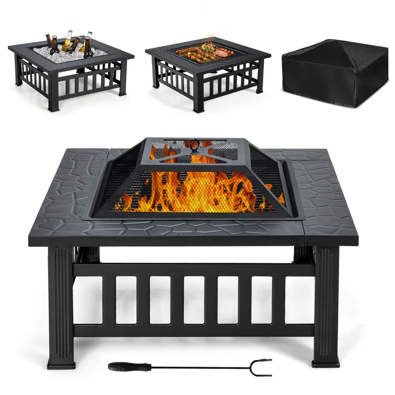 Brasero extérieur 3 en 1 81 x 81 x 50 cm mobile avec sécurité optimale ambiance cosy en fer noir 20_0020608