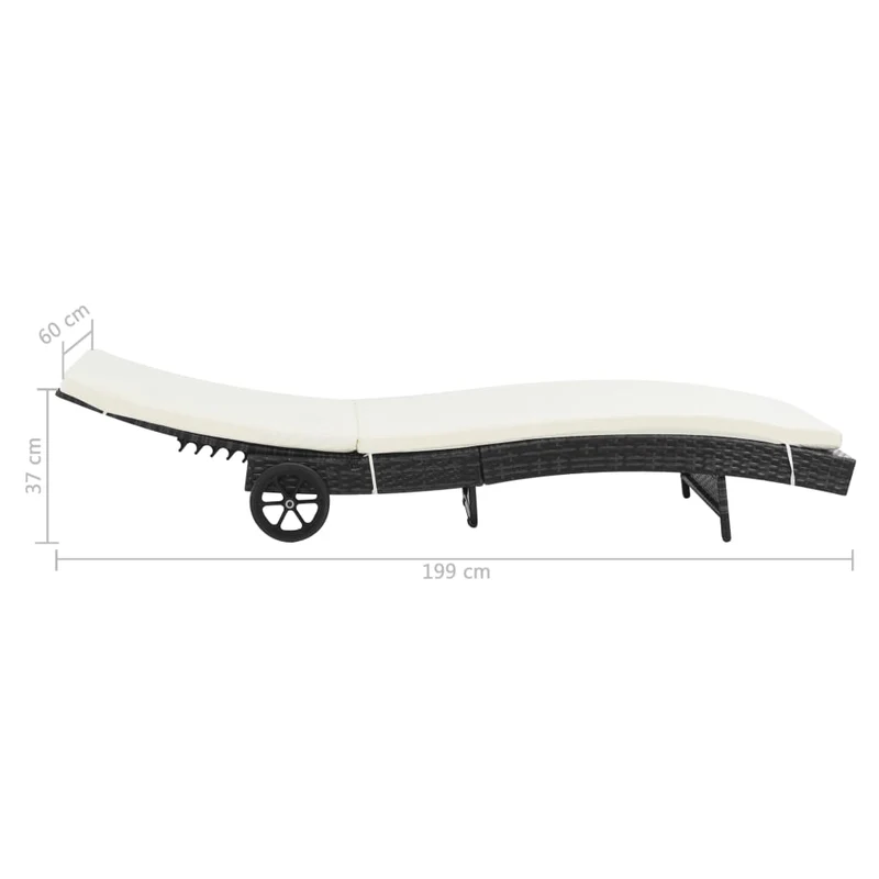 Transat chaise longue bain de soleil lit de jardin terrasse meuble d'extérieur avec roues et coussin résine tressée noir 02_0012595