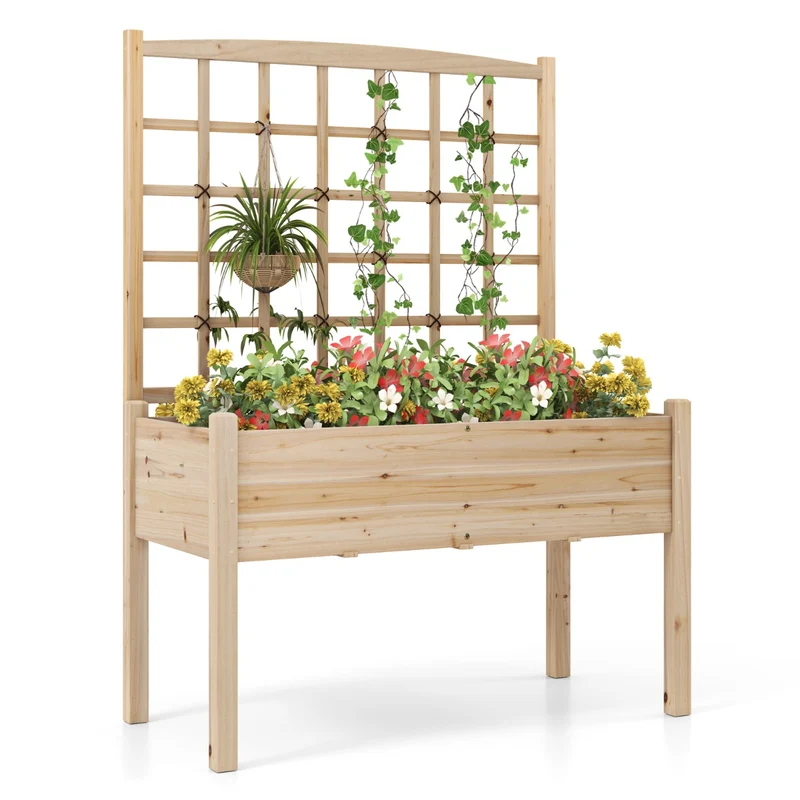 Jardinière surélevé avec treillis 119 x 60 x 160 cm espace de plantation généreux ergonomique moderne en bois naturel 20_0012198