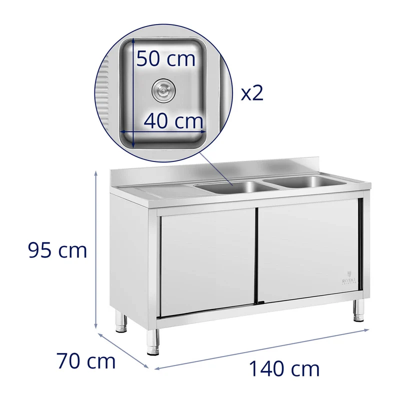 Plonge inox sur meuble 2 bacs acier inoxydable 500 x 400 x 300 mm professionnelle 14_0005014