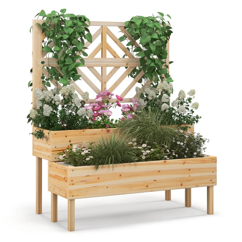 Jardinière surélevée 2 niveaux 109 x 62 x 135 cm avec treillis de soutien et drainage design naturel en bois de sapin 20_0019413
