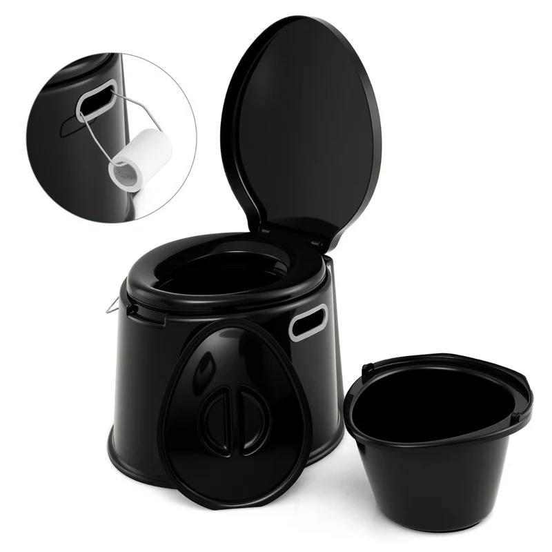 Toilette portable extérieure et intérieure 41 x 49,5 x 34 cm fonction double couvercle ergonomique en PP noir 20_0014386