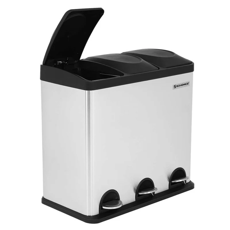Poubelle de cuisine résistante avec pédales de recyclage en acier inoxydable 54 litres 3 x 18 litres noir 12_0003616
