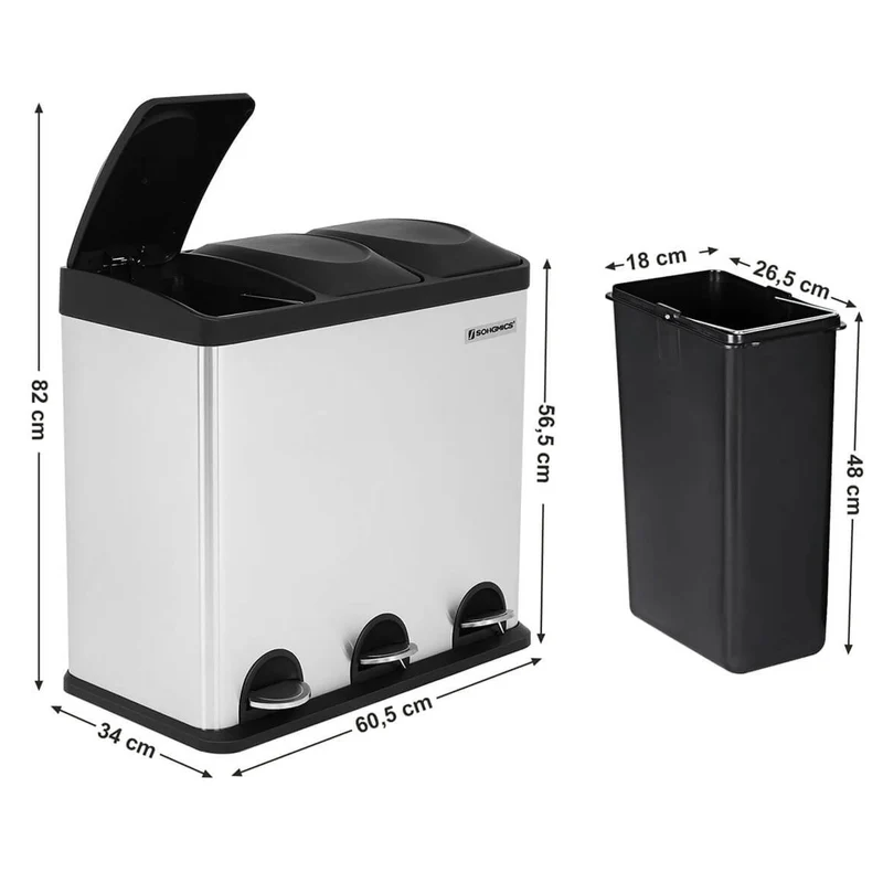 Poubelle de cuisine résistante avec pédales de recyclage en acier inoxydable 54 litres 3 x 18 litres noir 12_0003616