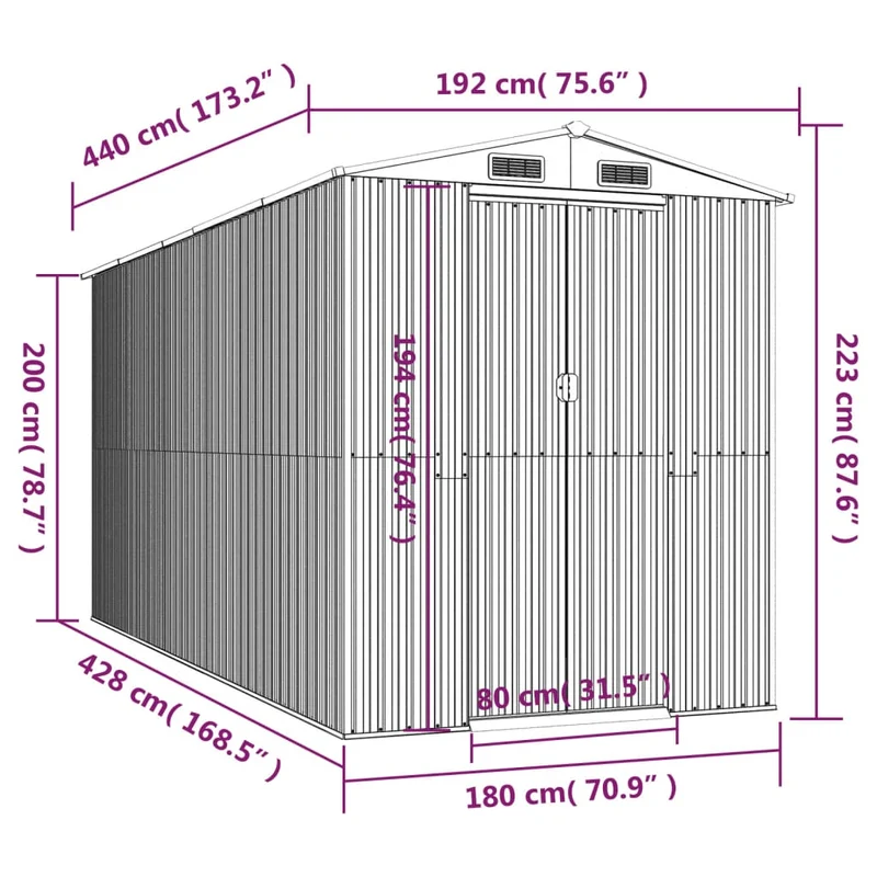 Abri de jardin cabane cabanon maison de stockage remise extérieur hangar outils robuste clair 192 x 440 x 223 cm acier galvanisé gris 02_0022258