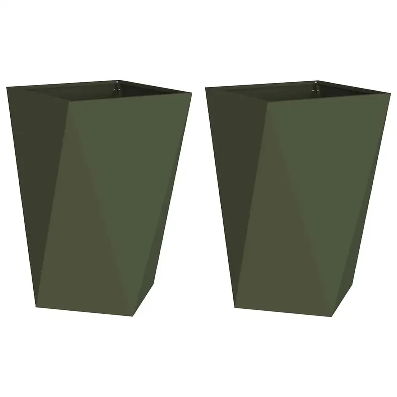 Lot de 2 jardinières extérieures modernes 50 x 50 x 75 cm avec base intégrée en acier vert olive 02_0053041